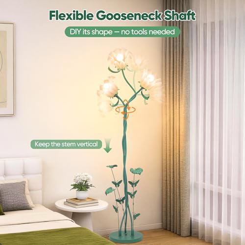 Image of TOBUSA Flower Floor Lamp for Living Room Bedroom, 3-Light Cute Vintage Standing Lamp with Flexible Gooseneck, 67'' Tall Green Floral Stand Up Lamp, Modern Unique Flower Corner Lamp for Reading Nursery