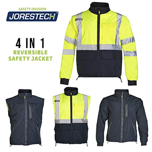 Jorestech Safety 4 In 1 Windbreaker Reversible Gray Jacket Reflective High Visibility Yellow/Lime With Removable Sleeves Ansi Type R Class 3 Jk-04 (2X-Large) #TOP1