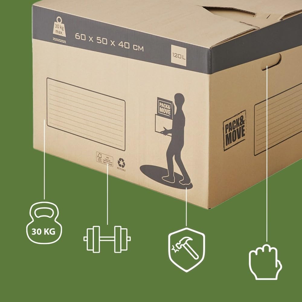 Pack de cajas de cartón para mudanza con fondo automático - 60x50x40cm - Charge max 30KG / 120L - certificados FSC 70% - Pack and Move (20)