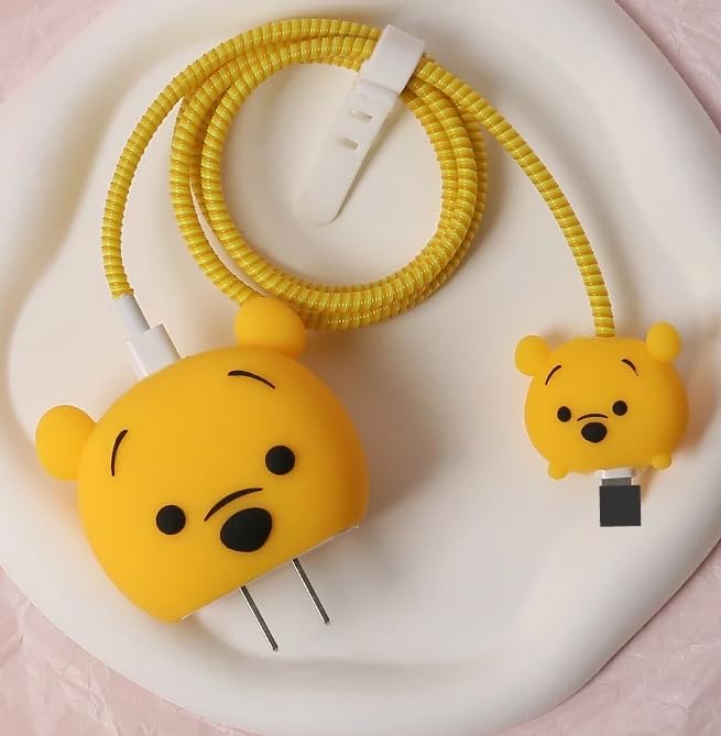 Image of Meyaar Silicone Protective Case for Apple 20W & 18W iPhone USB-C Power Adapter Charger and for USB Lightning Cable, 3D Cartoon Case for iPhone Charger 18W /20W Only (Pooh (Yellow))