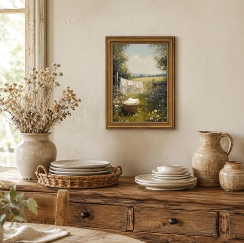 Image of NALEPS Vintage Gold Framed Laundry Room Wall Art, Country Landscape Pictures Canvas Painting, Rustic Summer Wildflower Decor for Farmhouse, Bathroom, Damage-Free Ready to Hang, 9x11 in