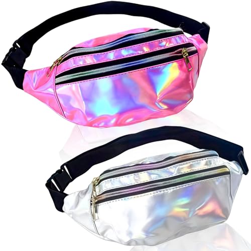 exinddea 2 Pieces Holographic Fanny Packs Hologram PU Waist Pack Waist Bag Shiny Waist Pack 80s 90s Fanny Pack Metallic Color Sport Waistbag with Pouches and Adjustable Belt Fashion Rave Waist Bag