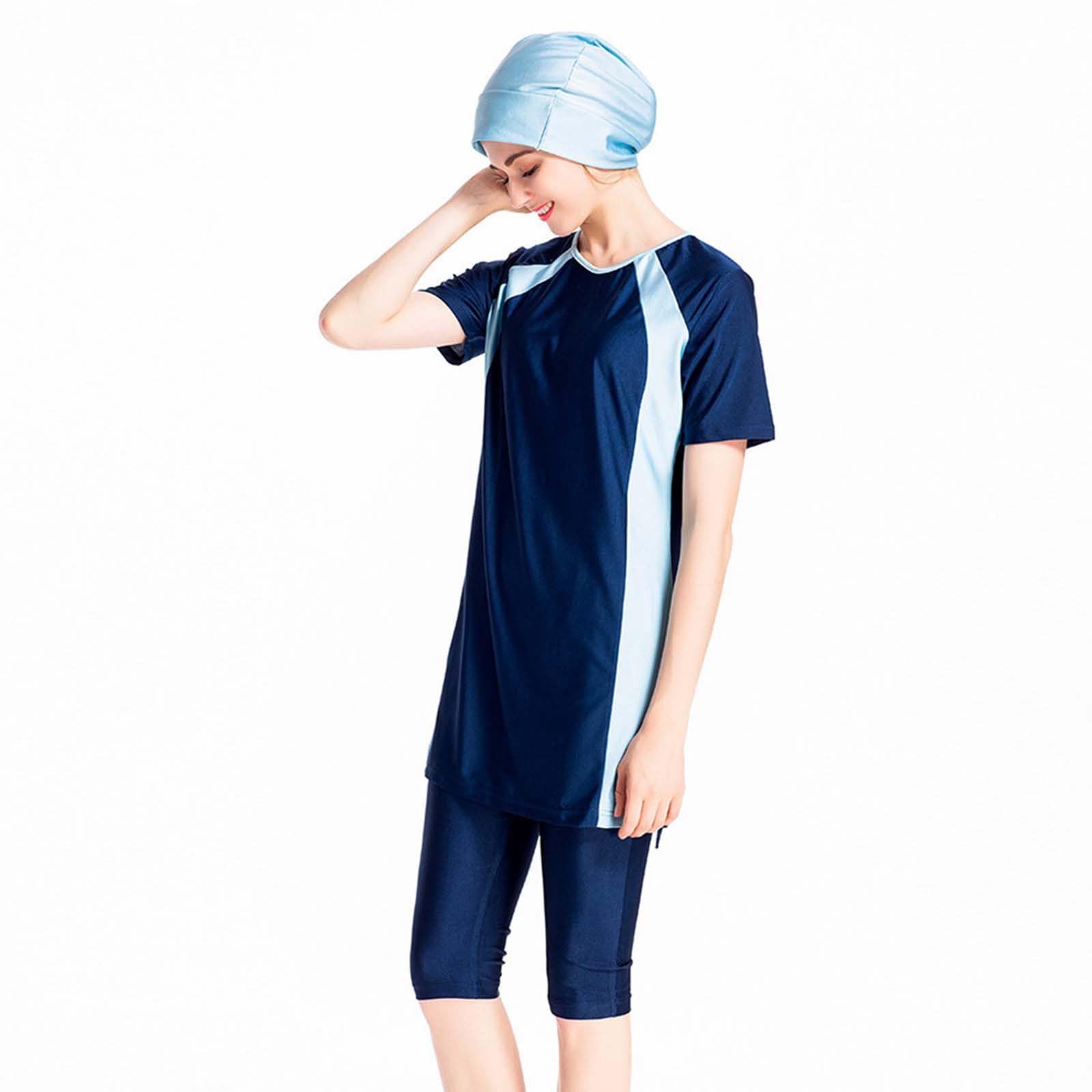 Burkini Costume da bagno da donna musulmano con cappuccio tinta unita Beachwear Costume da bagno Burkini manica corta top e pantaloni islamici 2 pezzi modesti costumi da bagno Beachwear con