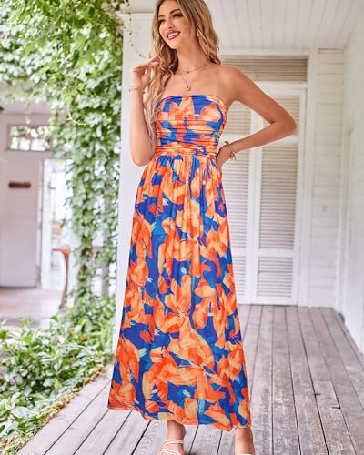 Image of GRACE KARIN Women Strapless Dress Casual Loose Ruched Long Maxi Dress with Pockets