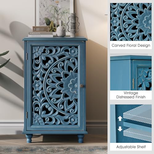 Image of JOINICE End Table with Storage, 28 inch Tall Blue Side Table with Carved Door & Adjustable Shelf, Small Accent Cabinet with Solid Wood Legs for Living Room & Bedroom, Distressed Farmhouse Style