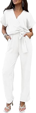 PRETTYGARDEN Women's Summer One Piece Jumpsuits Belted Short Sleeve Wrap V Neck Fashion Dressy Casual Wide Leg Pants Romper