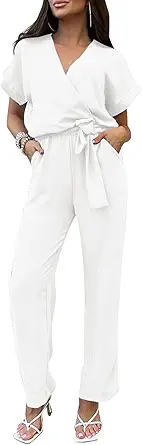 PRETTYGARDEN Women's Summer One Piece Jumpsuits Belted Short Sleeve Wrap V Neck Fashion Dressy Casual Wide Leg Pants Romper