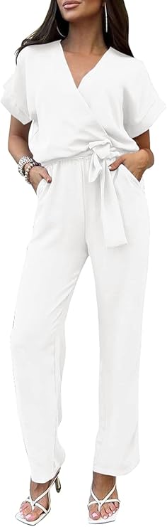 PRETTYGARDEN Women's Summer One Piece Jumpsuits Belted Short Sleeve Wrap V Neck Fashion Dressy Casual Wide Leg Pants Romper