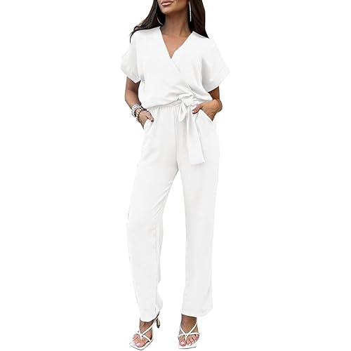PRETTYGARDEN Womens Short Sleeve Wrap V Neck Belted Wide Leg Jumpsuit