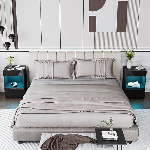 Hommpa NIGHTSTAND 16 BK Set Of 2 Open Shelf Led Nightstands With Charging Station 2 Drawers Bedside Tables Black Night Stands With Storage Smart Nightstands High Gloss Night Table With Led Light For Bedroom Furniture thumb #5