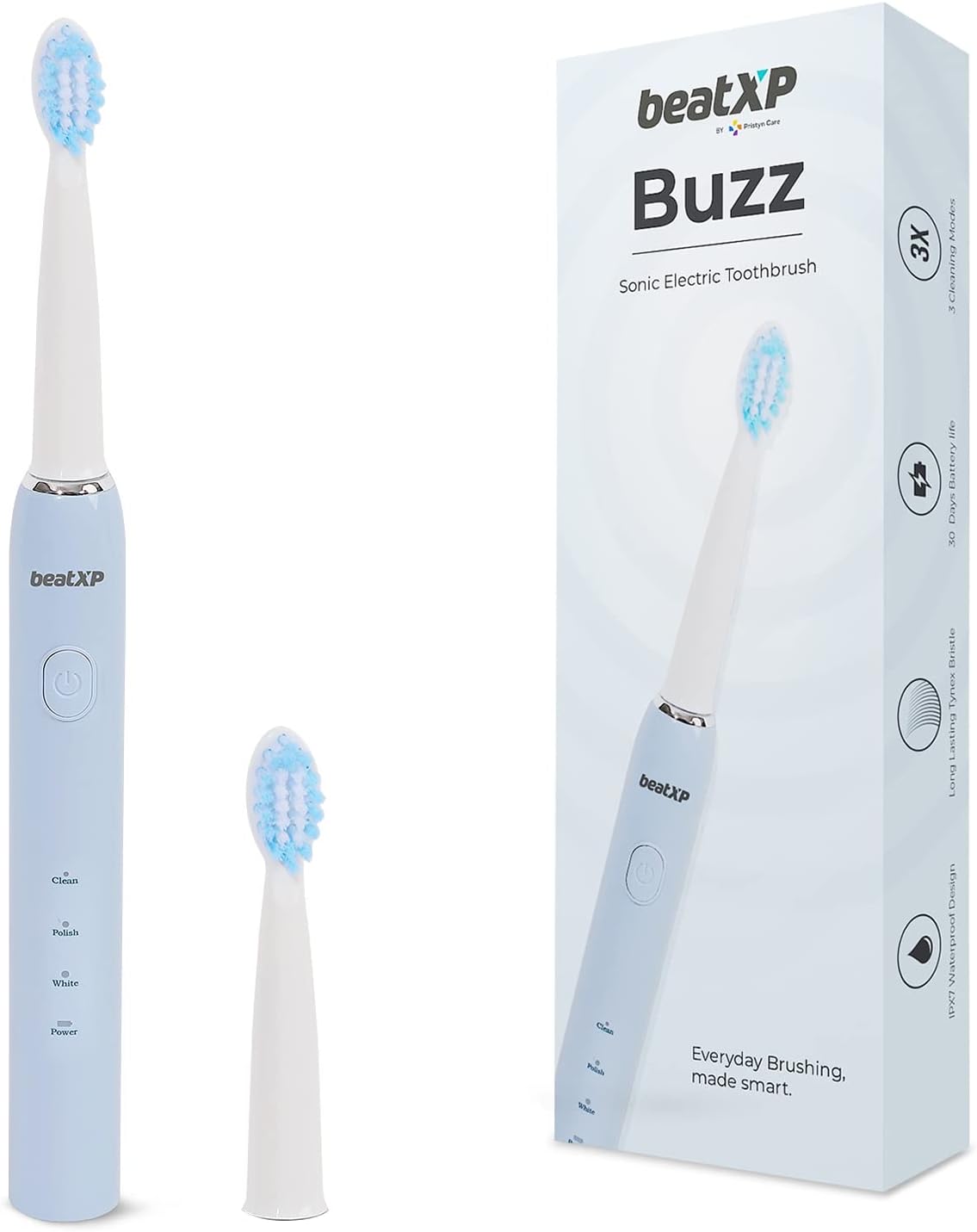 beatXP Buzz Electric Toothbrush for Adults with 2 Brush Heads & 3 Cleaning Modes|Rechargeable Electric Toothbrush with 2 Minute Timer & Quadpacer|19000 Strokes/min with Long Battery Life (Blue)