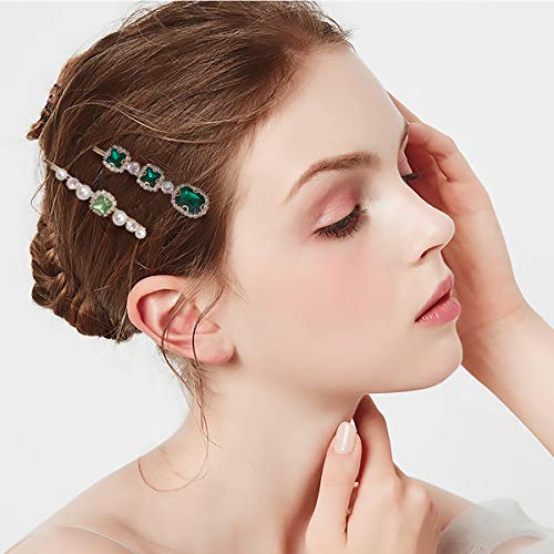 4Pcs Vintage Green Crystal Pearl Gold Bobby Pins Decorative Hair Slides Clips Accessories Women #TOP4