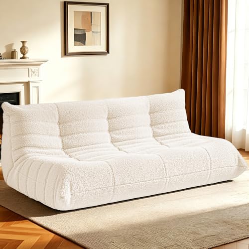 Image of Bean Bag Chairs Fireside Lazy Floor Sofa,3 Seater,Beige | Soft Teddy Fleece 3 Seater Sofa with High-Resilience Foam Filling,Beanbag for Living Room, Bedroom, Office