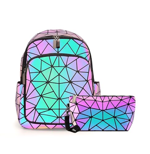 Sac à dos ordinateur portable féminin géométrique et cabas holographique avec pochette assortie
