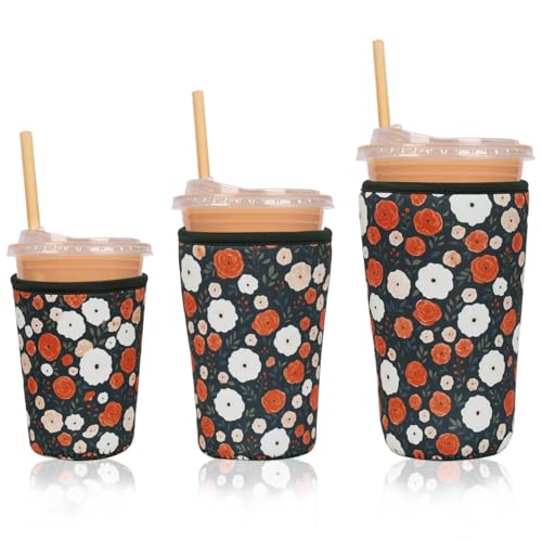 Image of Reusable Insulated Neoprene Iced Coffee Cup Sleeve, Durable Drink Sleeve for Cold Beverages, Beverage Holder for Iced Coffee, Midnight Blooms
