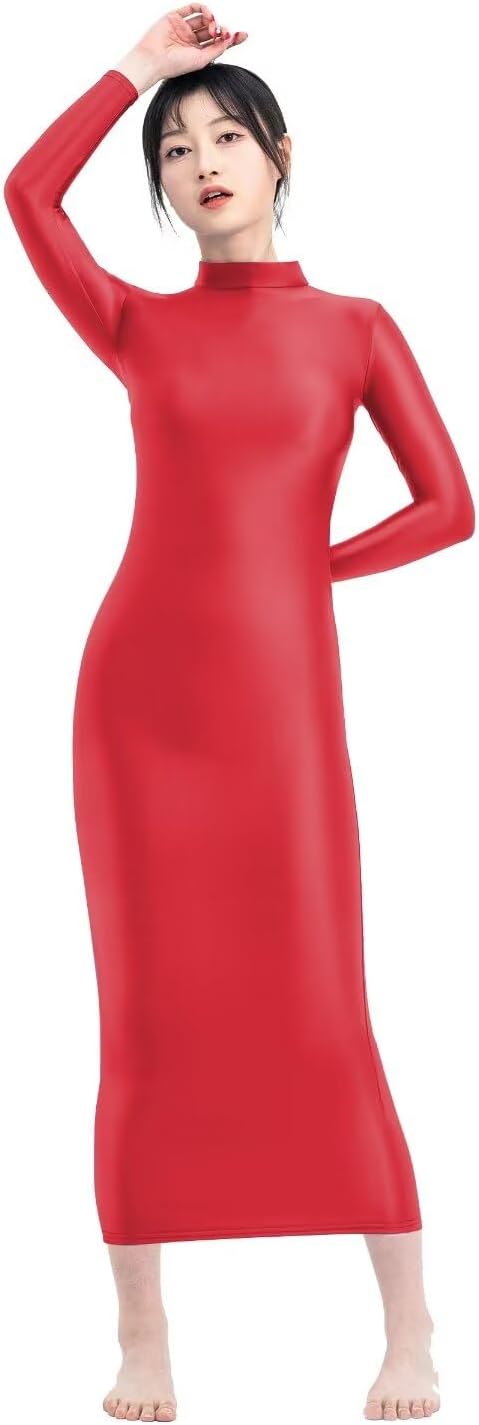 Glossy glossy wrap hip sexy jumpsuit Elastic silky slip one-step skirt women's long sleeved skirt with high neck