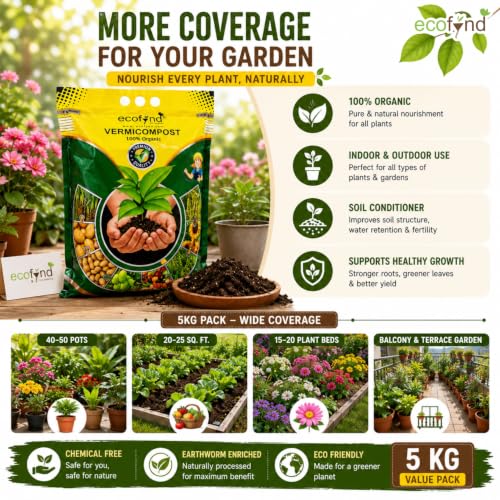 Image of ecofynd 100% Organic 5KG Vermicompost Fertilizer for Plants & Gardening, Nutrient Rich Natural Compost for Indoor & Outdoor Plants, Improves Soil Fertility, Root Growth & Plant Health (EC19152-105)