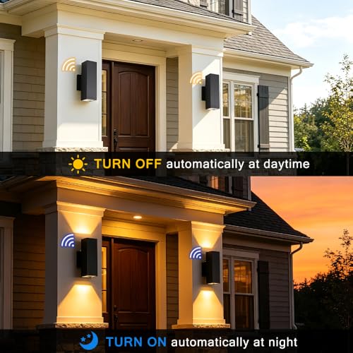 Image of Cerdeco 13 inch Black Square Modern Dusk to Dawn Outdoor Wall Light,2 Pack | E26 Base,UL listed,Aluminum Up and Down Lights Outdoor Exterior Wall Light Fixture Porch Light for House Garage Patio Garden