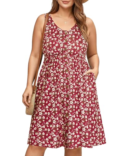 Image of Holipick Women's Plus Size Summer Dresses for Women Casual Dress with Pockets A-Line Swing Button Down Sleeveless V Neck