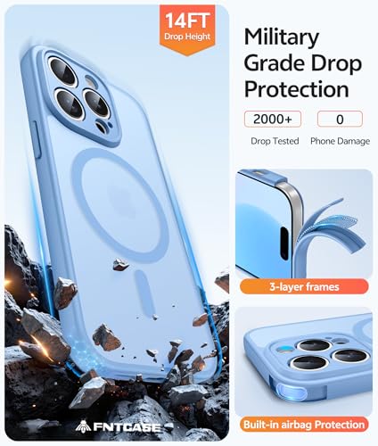 Image of FNTCASE for iPhone 14 Pro Max Case: [Compatible with Magsafe] Translucent Matte Cases with [Full Camera Protection] [Screen Protector] Military Grade Shockproof Protective Phone Cover - Light Blue