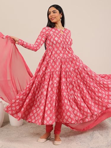 Image of Libas Printed Cotton A-Line Kurta With Churidar and Dupatta