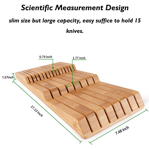 W WOODSUN Bamboo in Drawer Knife Block 15 Slots Knives Organizer Without Knives Premium Handwork Knife Storage for Kitchen Drawer
