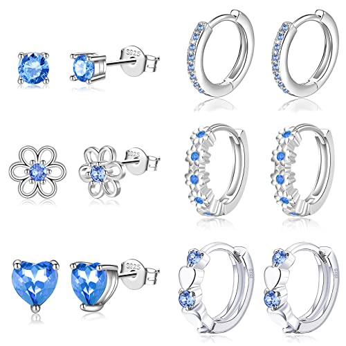 RANKEEF 6 Pairs Huggie Hoop Earrings 925 Sterling Silver Stud Sets Cute Kids Heart Hoops Tiny Cubic Zirconia Flower Small Hypoallergenic Cartilage Sleeper for Teen Toddler Childs  Blue