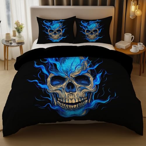 Funda Nórdica Llama Calavera Arte Patrón Microfibra Funda Edredon 3 Piezas Azul Dorado Funda De Edredón Reversible para Cama 135/150 240 X 220 Cm + 2 Fundas De Almohada 50 X 75 Cm