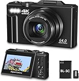 LEQTRONIQ Digital Camera for Photography, 4K, 64MP Vlogging Camera for YouTube, 3' 180° Flip Screen 18X Digital Zoom Compact Vlog Travel Camera with 4K WiFi, 32GB TF Card & 1 Batteries, Black