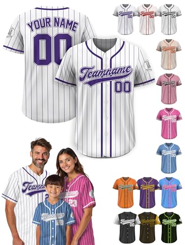 Custom Pinstripe Baseball Jersey – Personalized Name, Number & Logo, Pinstripe White Purple Button Up Jersey for Men, Women, Youth, Toddlers