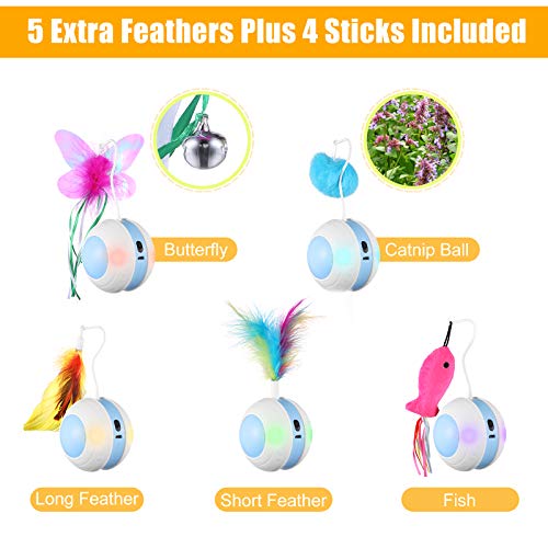 Interactive Cat Toys Ball with Colorful Light & Bird Sound - USB Charging Automatic Irregular 360 Degree Self Rotating Ball - 5 Replacement Feathers Robotic Cat Toy for Indoor Cats Kitten (Blue) - Thumbnail 5