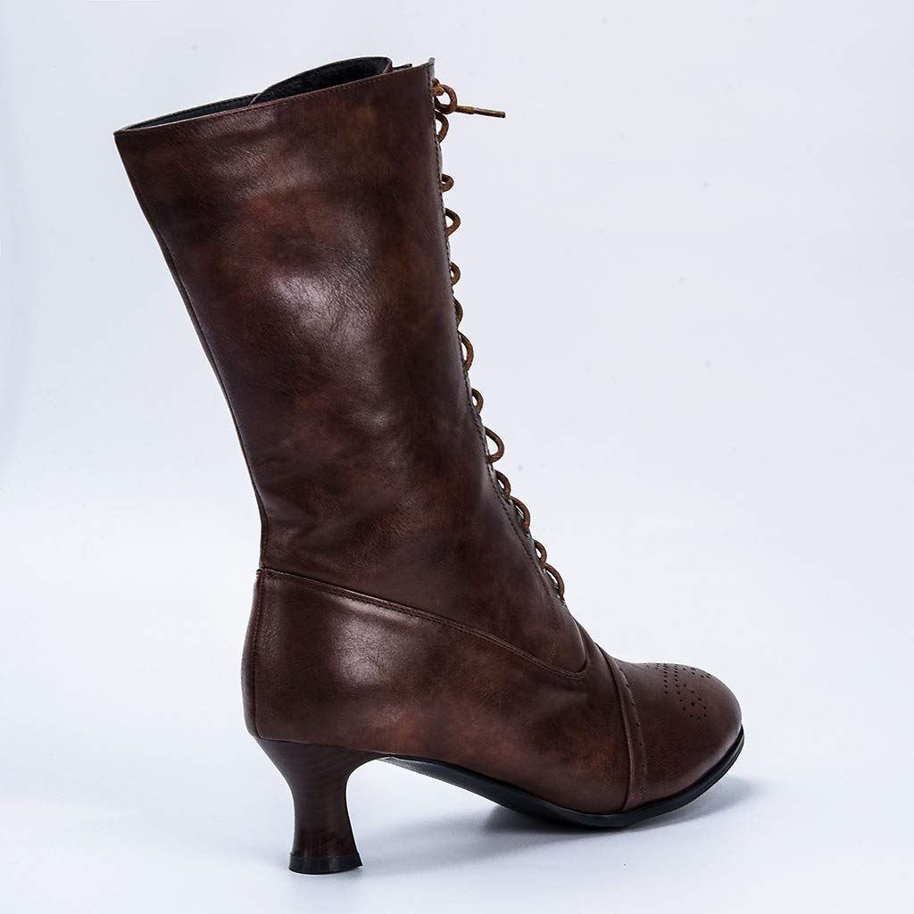 Ladies Lace Up Boots Calf Length Victorian Boots Women Leather Louis Heel Womens Vintage Boots Steampunk Gothic