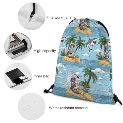 Breathable Drawstring Backpack, Sea Beach Skeleton Palm Tree Shark Unisex Fashion Waterproof Large Capacity Draw String Bag, Reusable Sackpack with Sturdy Cord for Daily Use4