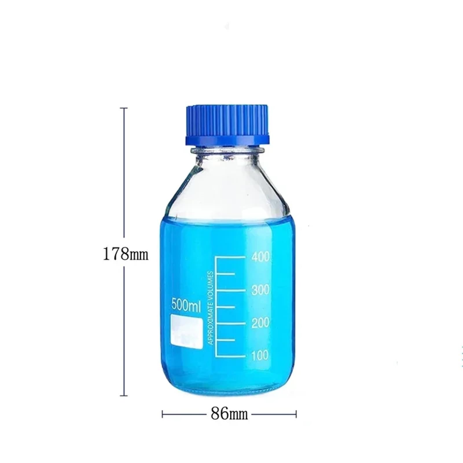 Szklana butelka laboratoryjna na odczynniki, Szklana butelka na odczynniki laboratoryjne z podziałką. Wielokolorowa niebieska nakrętka GL45(500-clear)