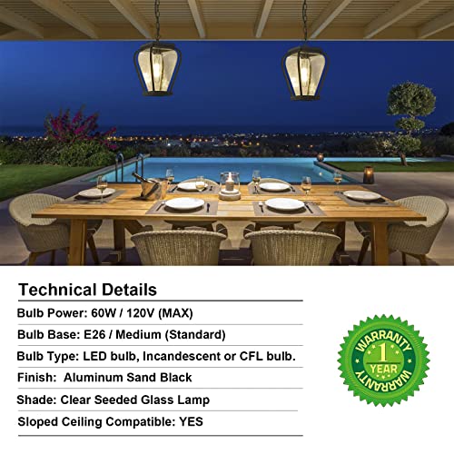 Gooray Outdoor Pendant Light Fixture,13" Outdoor Pendant Lights For Porch, Large Exterior Hanging Lantern Porch Light Outside Lighting For House In Sand Black Finish Clear Seeded Glass Lamp Shade #TOP3