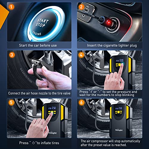 Image of Nilight Tire Inflator Portable Air Compressor 12VDC Car Air Pump 150PSI Digital Tire Pressure Gauge Auto Shutoff Tire Pump for Car SUV Motorcycle Bicycle ATV, 2 Year Warranty