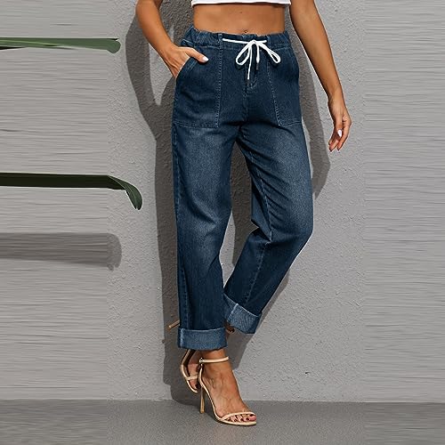 2025 Women's Plus Size Stretch High Waist Drawstring Loose Straight Leg Soft Comfortable Jeans with Pockets2