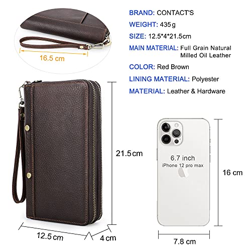 Contacts Mens Leather Clutch Bag Large Capacity Card Holder Travel Wrist Wallets Brown Checkbook Passport Purse Handbag with Rfid3