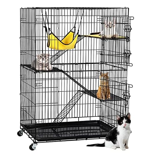 YAHEETECH Collapsible Large 3-Tier Metal Wire Pet Cat Kitten Ferret Chinchilla Cage Playpen Crate Enclosure Kennel Cat Home on Wheels Indoor Outdoor 3X Ramp Ladders/1x Hammock