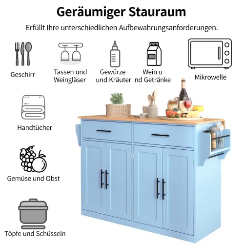 Generico Servierwagen mit klappbarer Tischplatte, 120x46(70) x91 cm, Blau, mit Rollen und austauschbaren Holzbeinen, ideal für Küche und Esszimmer