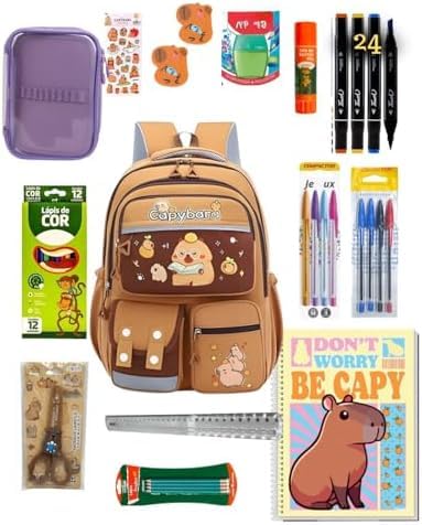 Kit Material Escolar Capivara Completo, Mochila Personalizada Capybara com Estojo, Caderno, Canetas, Lápis de Cor, Adesivos e Acessórios Escolares
