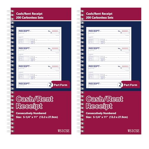2 Pack Receipt Books with Carbon Copies, Rent Receipt Book, 2-Part Carbonless, 5.24