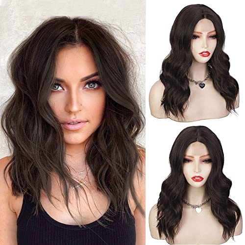 Nnzes Dark Brown Wavy Wig for Women Medium Length Brown Middle Part Hair Wig Synthetic Natural Looking Wig Heat Resistant Fiber for Daily Wear (Dark Brown,16inch)