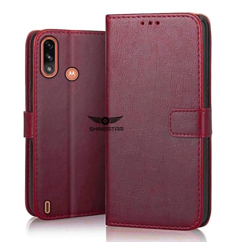 Image of SHINESTAR Motorola Moto E7 Power Flip Back Cover | PU Leather Flip Cover Wallet Case with TPU Silicone Case Back Cover for Motorola Moto E7 Power- Red