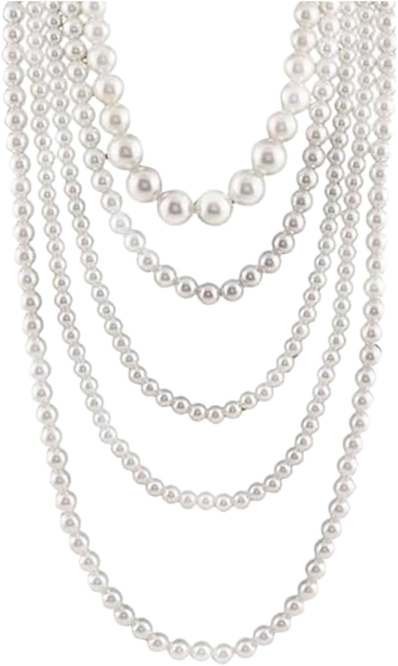 UAIAGM Multi-Strand Layered Pearl Necklace for Women - Chunky Faux White Pearls, Vintage 1920s Flapper Style Long Stacked Strands