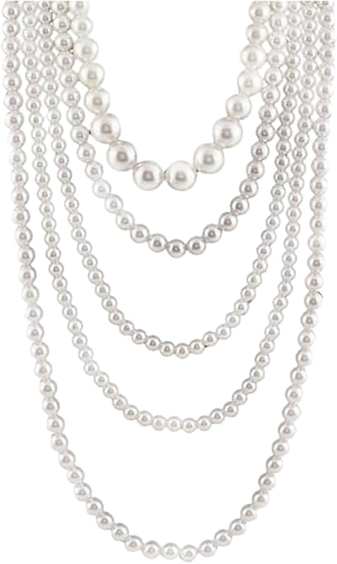 Collar de perlas para mujer, collares de perlas en capas de varios hilos largos, perlas de imitación blancas grandes y gruesas, joyería de disfraz, collar vintage de varias hebras, hebras apiladas para mujer, estilo Flapper de los años 20