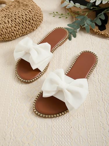 GORGLITTER Women's Bow Sandals Sparkly Flat Sandals Open Toe Slip On Slide Vacation Sandals4