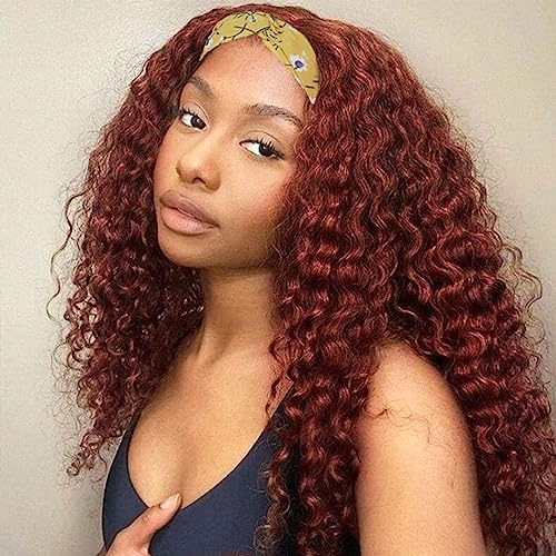Image of Celiarita Reddish Brown Deep Wave Headband Wig Human Hair Curly Headband Half Wigs Copper Red Glueless None Lace Front Wig #33 Colored Brazilian Virgin Hair Wigs for Black Women 22Inch