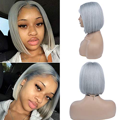 BHL Grey Short Bob Wigs Pre Plucked 13x4x1Lace Frontal China Virgin Human Hair 150% Density T Part Lace Wigs Bob Wigs Middle Part for Women with Baby Hair (10 Inch, Silver Gray )