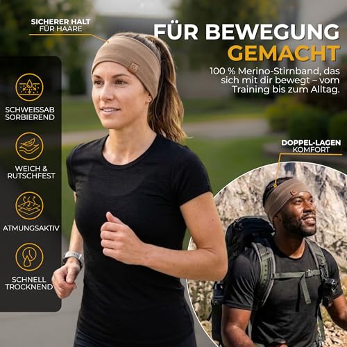 menique 100% Merino Damen Stirnband: menique rutschfeste Schweißbandbreite Ohrwärmer für das Laufen Wandern Yoga Sport-Stirnbänder für Feuchtigkeitsableitung und Haarband (Universal, Beige)